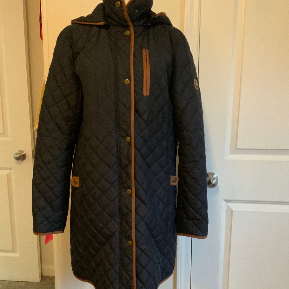 Ralph Lauren Navy Quilted Jacket With Brown Trim, Size Medium